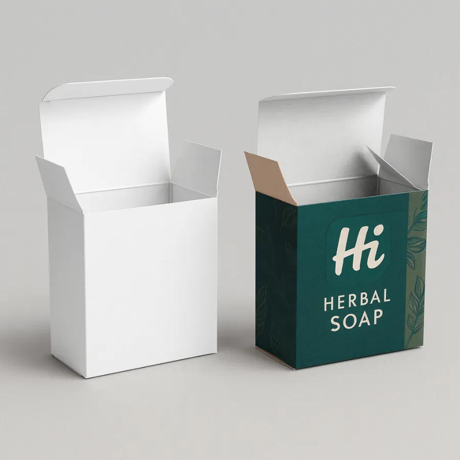 Custom tuck-top boxes for herbal soap- one plain white- one dark green with -Hi- logo- class=